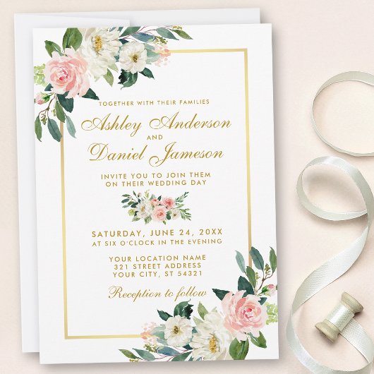 Invitation Aquarelle Floral Rose Blush Blanc Mariage or