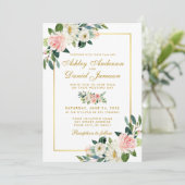 Invitation Aquarelle Floral Rose Blush Blanc Mariage or (Debout devant)