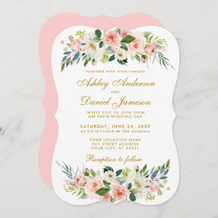 Invitation Aquarelle Floral Rose Blush Blanc Or Mariage BP