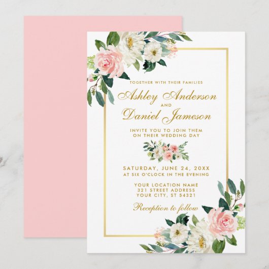 Invitation Aquarelle Floral Rose Blush Blanc Or Mariage P (Devant / Derrière)