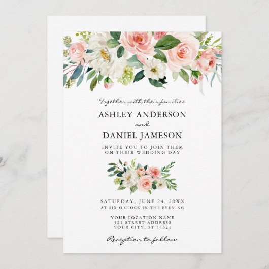 Invitation Aquarelle Floral Rose Blush Élégant Mariage W (Devant / Derrière)