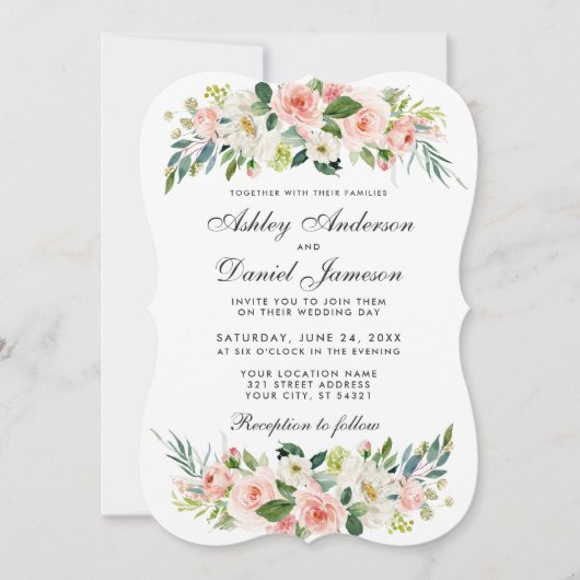 Invitation Aquarelle Floral Rose Blush Mariage blanc B (Devant)