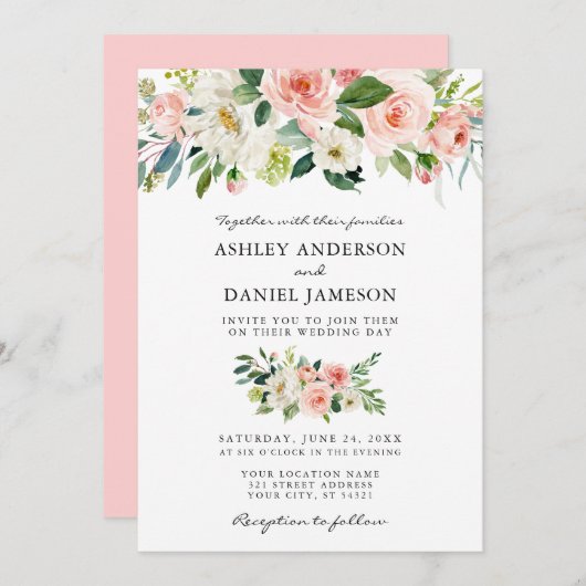 Invitation Aquarelle Floral Rose Blush Mariage élégant (Devant / Derrière)