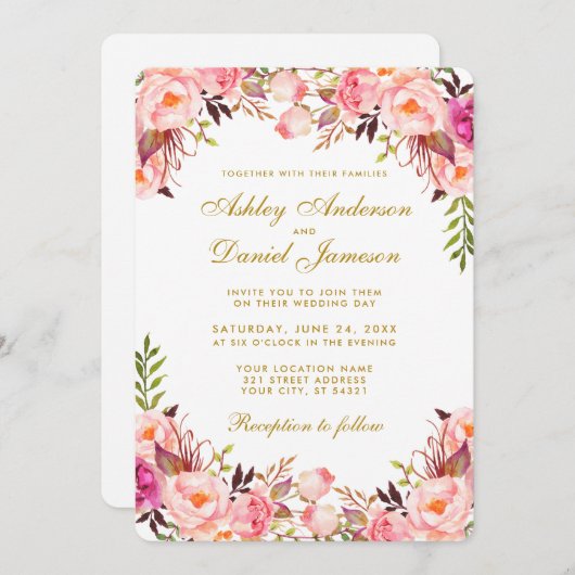 Invitation Aquarelle Floral Rose Blush Mariage Or (Devant / Derrière)