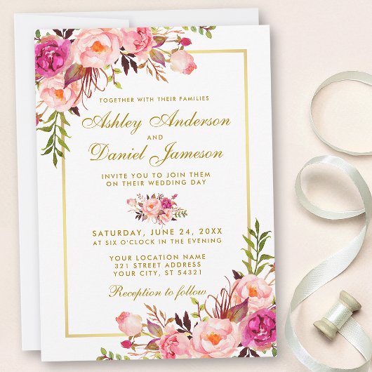 Invitation Aquarelle Floral Rose Blush Mariage or