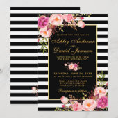 Invitation Aquarelle Floral rose Blush or noir Mariage (Devant / Derrière)