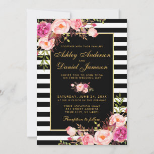Invitation Aquarelle Floral rose Blush or noir Mariage