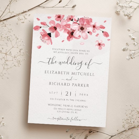 Invitation Aquarelle Floral rose cerisier Mariage