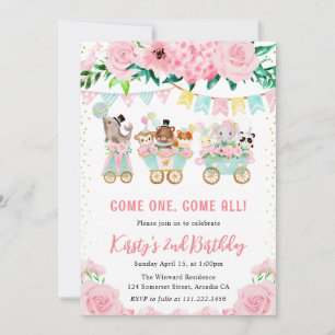 Invitation Aquarelle Floral Rose Circus Animaux Anniversaire