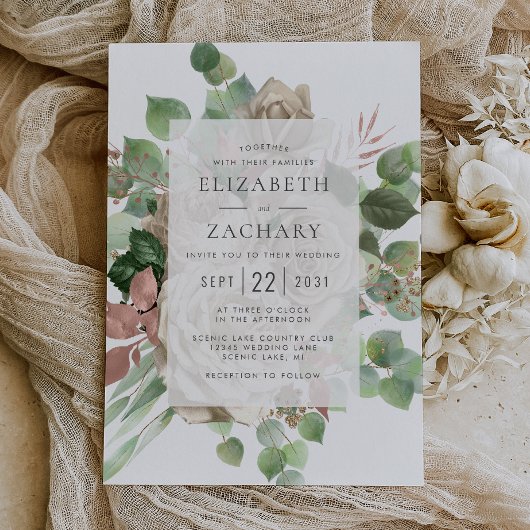 Invitation Aquarelle Floral Rose d'ivoire Eucalyptus Mariage