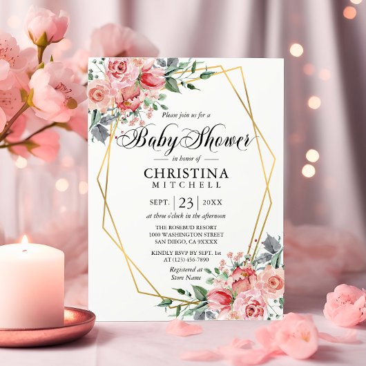 Invitation Aquarelle Floral rose Dusty Baby shower Rose