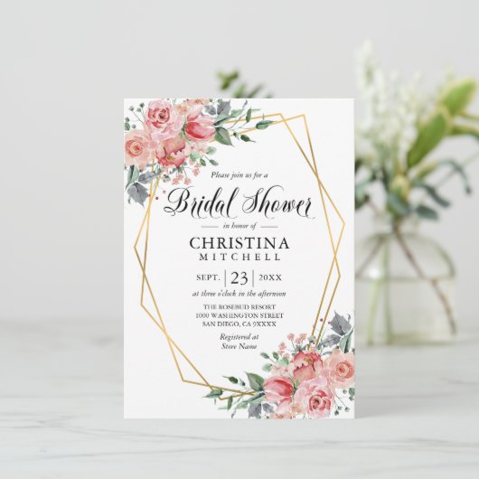 Invitation Aquarelle Floral rose Dusty Fête des mariées Rose (Debout devant)