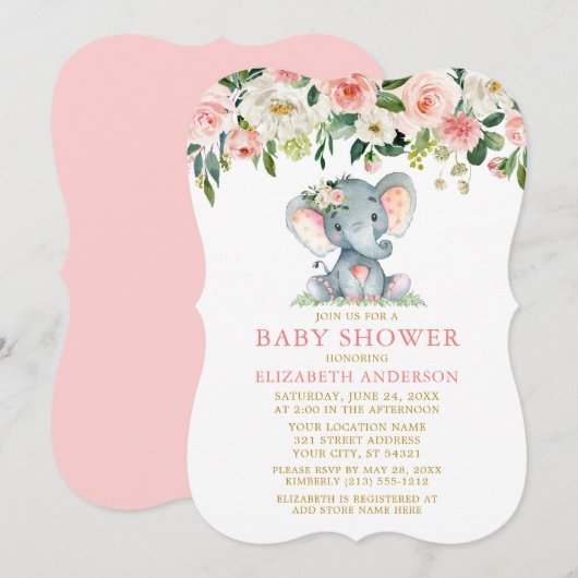 Invitation Aquarelle Floral rose Eléphant Baby shower Or (Devant / Derrière)