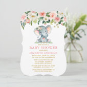 Invitation Aquarelle Floral rose Eléphant Baby shower Or (Debout devant)