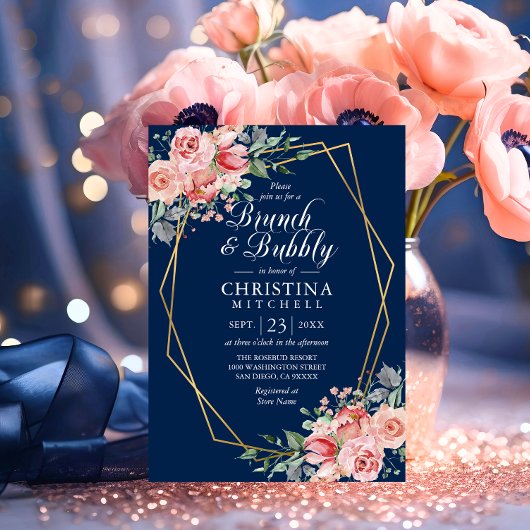 Invitation Aquarelle Floral Rose Marine Bleu Brunch Bubbly