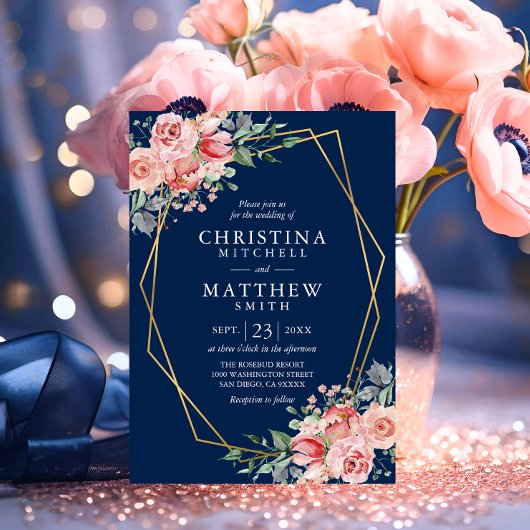 Invitation Aquarelle Floral Rose Pâle Bleu Nuit Mariage