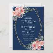 Invitation Aquarelle Floral Rose Pâle Bleu Nuit Mariage (Devant)