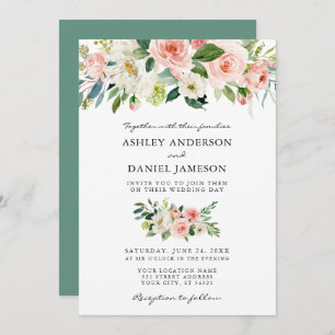 Invitation Aquarelle Floral rose pâle Mariage de verdure