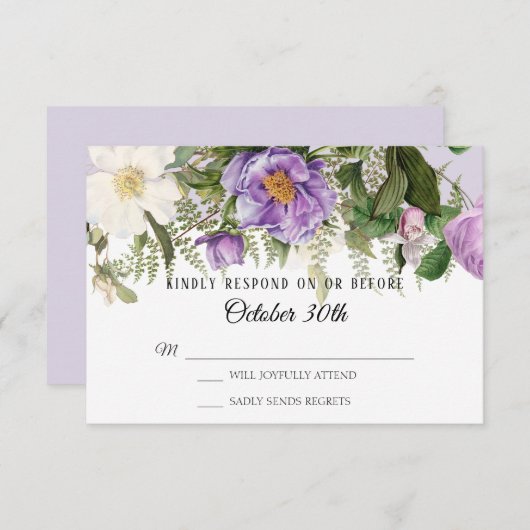 Invitation Aquarelle Floral Rose Peony Foliage Lavande RSVP (Devant / Derrière)