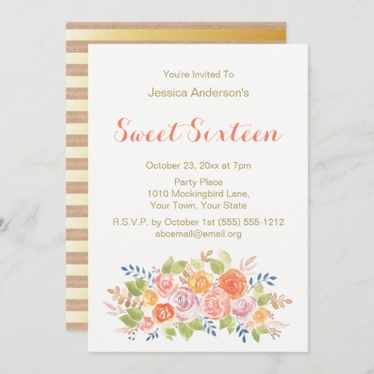 Invitation Aquarelle Floral Rose Rustic Gold Sweet 16 (Devant / Derrière)