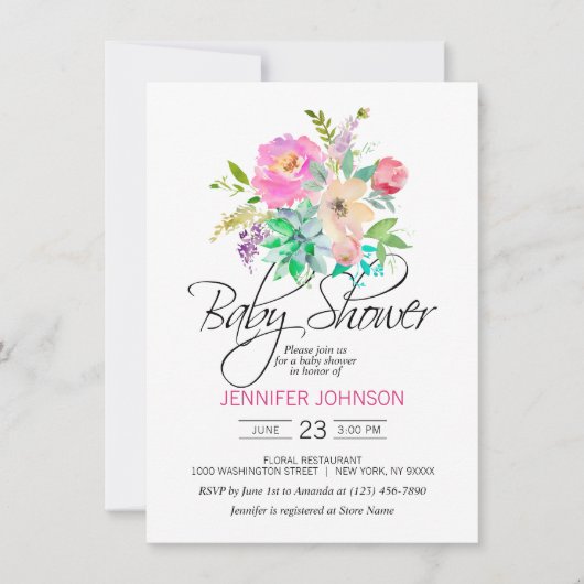 Invitation Aquarelle Floral rose Succulents Baby shower (Devant)
