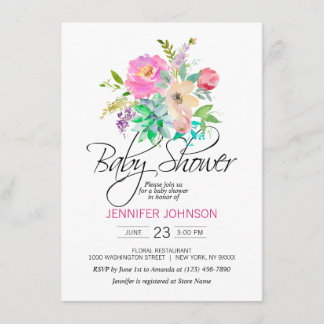 Invitation Aquarelle Floral rose Succulents Baby shower