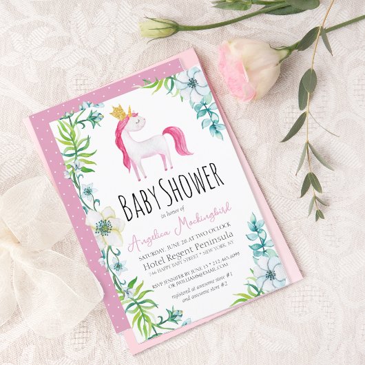 Invitation Aquarelle Floral rose Unicorn Baby shower Invitat