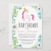 Invitation Aquarelle Floral rose Unicorn Baby shower Invitat (Devant)