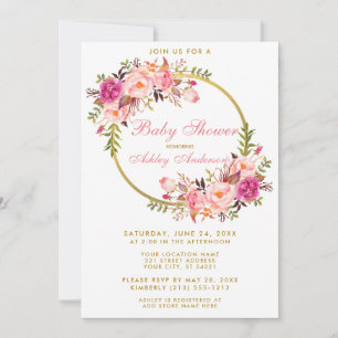 Invitation Aquarelle Floral Rose Wreath Gold Baby shower P