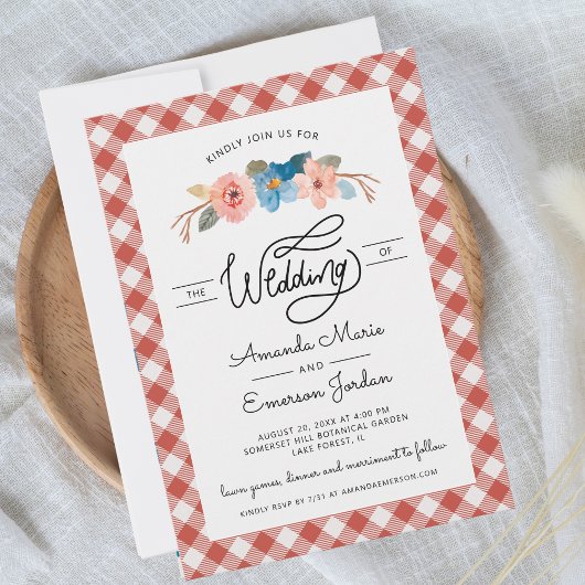 Invitation Aquarelle Floral rouge chèque amusant Mariage Déco
