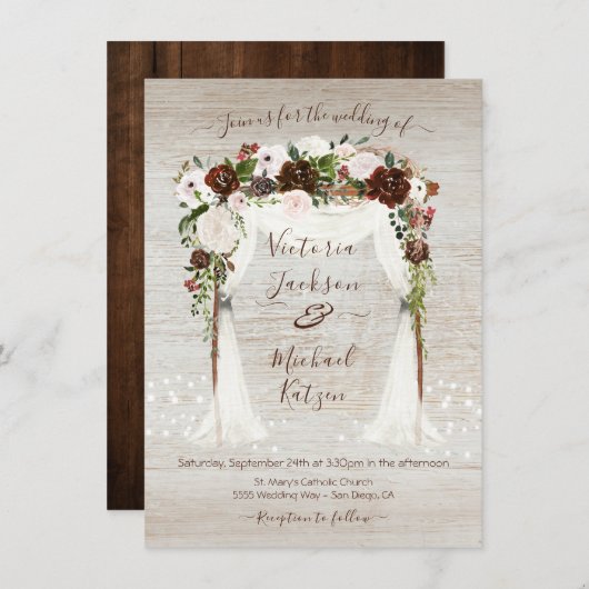 Invitation Aquarelle Floral Rustique Grange Mariage en bois (Devant / Derrière)