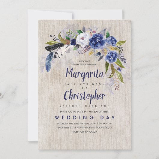 Invitation Aquarelle Floral Rustique Mariage de marine (Devant)