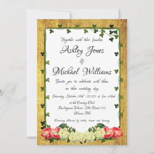 Invitation Aquarelle Floral Rustique Or Cordial Mariage (Devant)