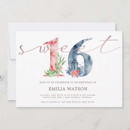 Invitation Aquarelle floral script rose or sweet sixteen (Devant)