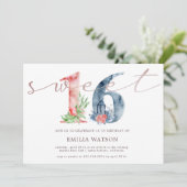 Invitation Aquarelle floral script rose or sweet sixteen (Debout devant)