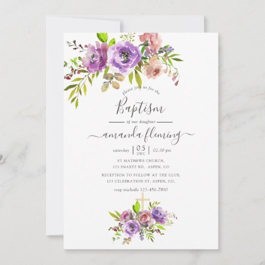 Invitation Aquarelle Floral Spring Baptême (Devant)