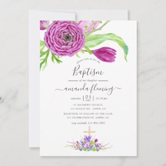 Invitation Aquarelle Floral Spring Baptême (Devant)