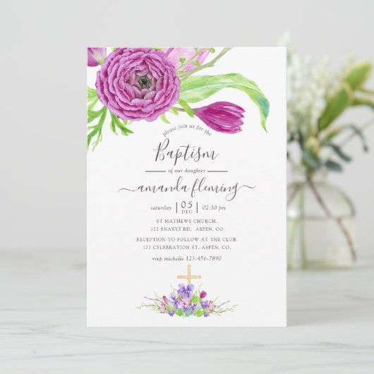 Invitation Aquarelle Floral Spring Baptême (Debout devant)