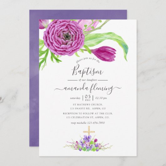 Invitation Aquarelle Floral Spring Baptême (Devant / Derrière)