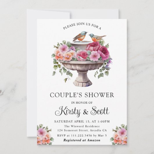 Invitation Aquarelle Floral Spring Bird Bain Douche de couple (Devant)