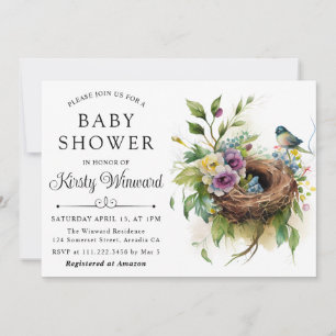 Invitation Aquarelle Floral Spring Bird Nest Baby shower