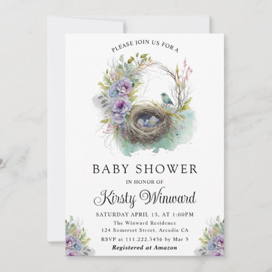 Invitation Aquarelle Floral Spring Bird Nest Baby shower (Devant)