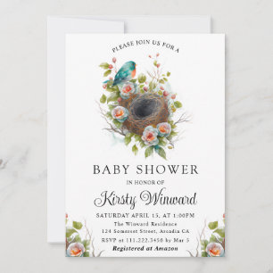 Invitation Aquarelle Floral Spring Bird Nest Baby shower
