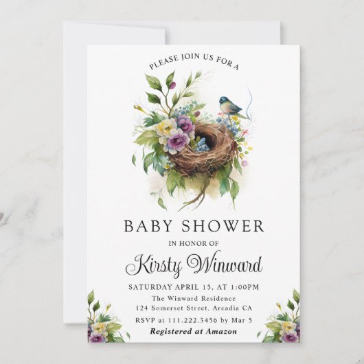 Invitation Aquarelle Floral Spring Bird Nest Baby shower (Devant)