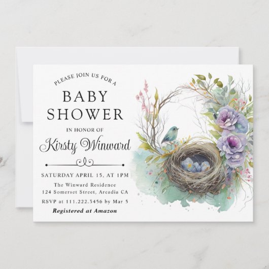 Invitation Aquarelle Floral Spring Bird Nest Baby shower (Devant)
