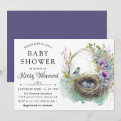 Invitation Aquarelle Floral Spring Bird Nest Baby shower (Devant / Derrière)