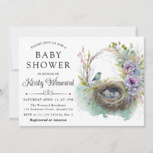 Invitation Aquarelle Floral Spring Bird Nest Baby shower