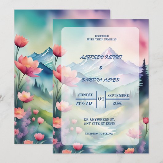 Invitation Aquarelle Floral Spring Mountains Mariage (Devant / Derrière)