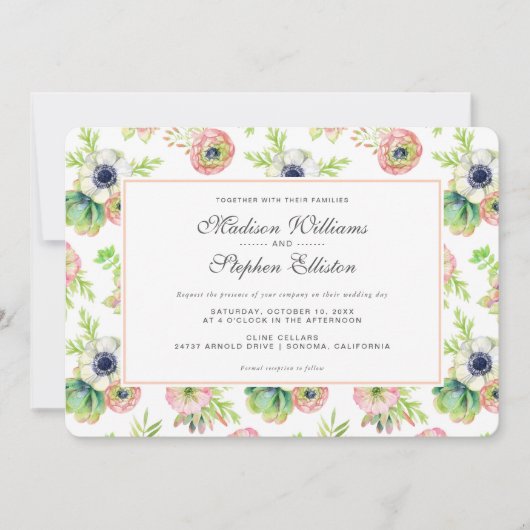 Invitation Aquarelle Floral & Succulents - Mariage (Devant)