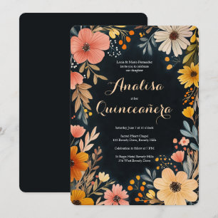 Invitation Aquarelle Floral sur Quinceañera foncé PERSONNALIS